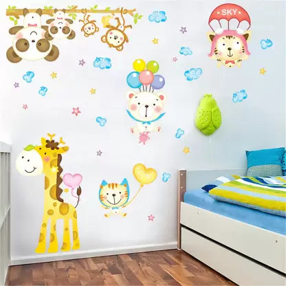 Cute Bear Monkey Giraffe Animal Under Sky Decals For Kids Room Wall Sticker Abc1010