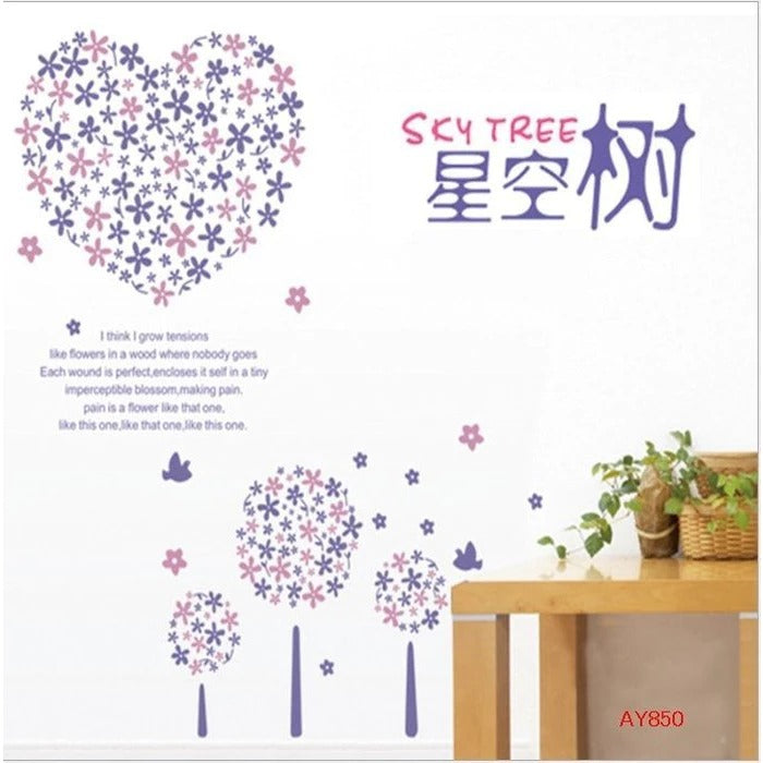 Lavender Flower Wall Sticker Dinding Motif Love Purple heart decal Size:60x90 Lm8007