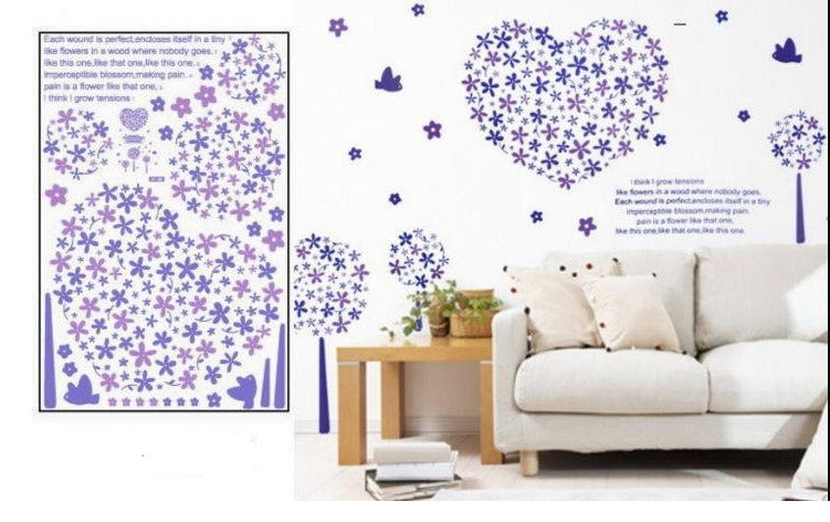 Lavender Flower Wall Sticker Dinding Motif Love Purple heart decal Size:60x90 Lm8007