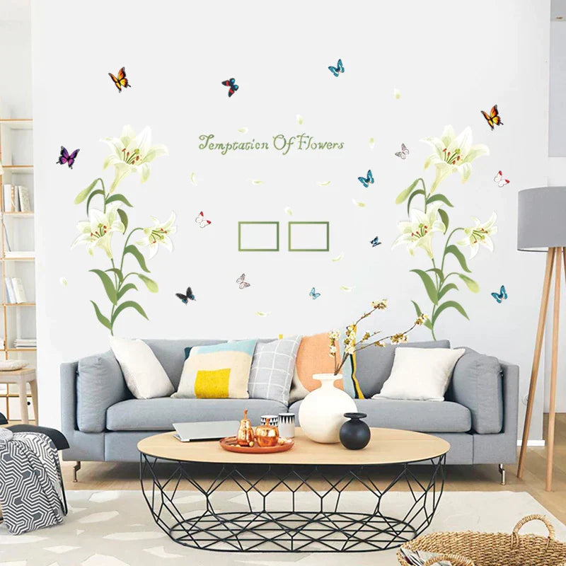 1 Set Lily Flower Wall Sticker Photo Frame Murals Temptation of Flowers White Pink Lily Butterfly SK9070A