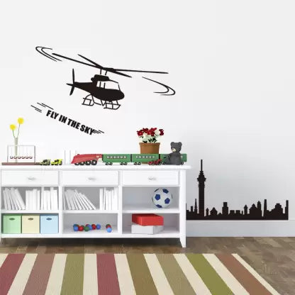 Jm8216 Wall Stickers Boys Room Helicopter Flying Black Art Self Adhesive Sticker