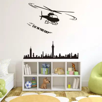 Jm8216 Wall Stickers Boys Room Helicopter Flying Black Art Self Adhesive Sticker