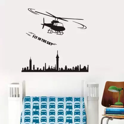 Jm8216 Wall Stickers Boys Room Helicopter Flying Black Art Self Adhesive Sticker