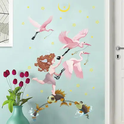quire 65 cm Wall Stickers Cartoon Fish Cupid Flamingo Moon Kids Room Door Decor Self Adhesive Sticker (Pack of 1)