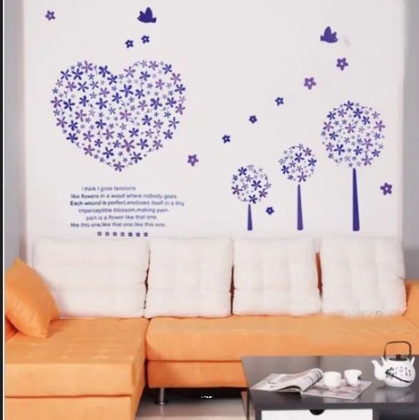Lavender Flower Wall Sticker Dinding Motif Love Purple heart decal Size:60x90 Lm8007