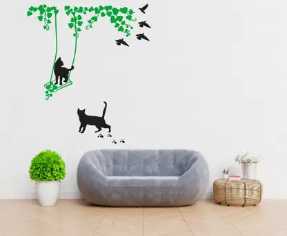 Divine studio 61 cm Cat On Swings Design Wall Sticker Standard Size -61cmx120cm Color - Multicolor Self Adhesive Sticker (Pack of 1)