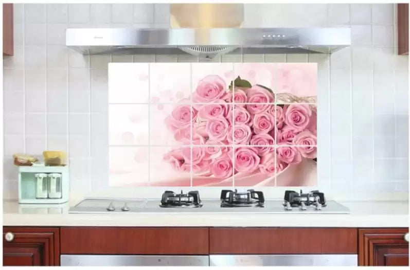 BIBITIME Pink Rose Kitchen Oil Proof Wall Stickers 17.72 inches x 27.56 inches Roses Flower