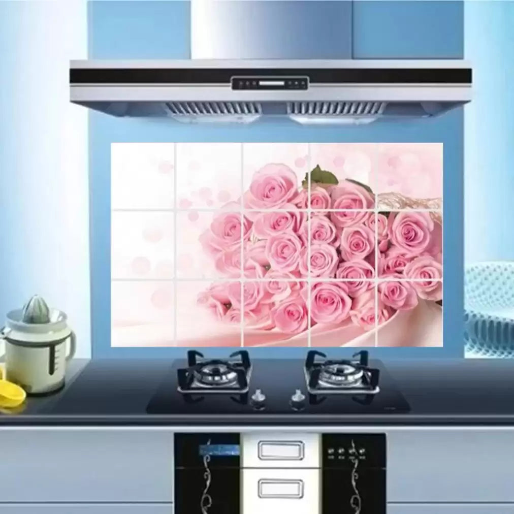 BIBITIME Pink Rose Kitchen Oil Proof Wall Stickers 17.72 inches x 27.56 inches Roses Flower
