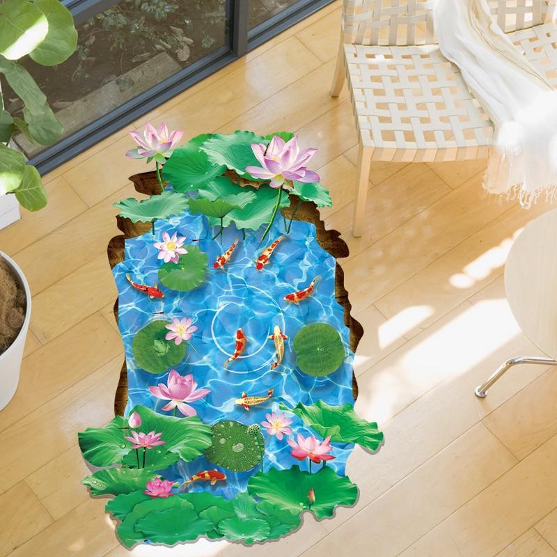 Creative 3D Lotus Pond Vinyl Wall Stickers Funny Art Wall Mural Floor Decals for Kids Rooms Bedroom Bathroom Waterproof XL8305