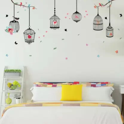 PG888 Girl's Walls Sticked with Bird Cages under Street Lamps and Loving Elk Composite Decoration Stickers