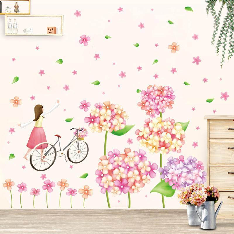 XL8215 cute flowers bicycle girl wall stickers for kids rooms nursery baby bedroom children art wall decals home decorations