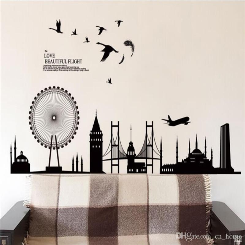 jm7279 black city building amusement park Ferris wheel sticker bedroom background wall decoration Removable Wall Sticker
