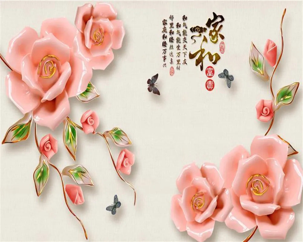 XXL Roses Pink Rose Flowers Wall Sticker Mural Pictures Floral Butterfly Wall Art Decor for Living Room Bedroom Sofa Decoration GS9602 Size: 60x90cm