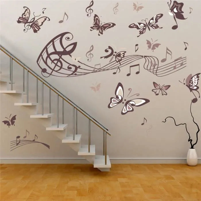 Musical Butterfly Wall Sticker Black Music Notes Wall Paper PV Home Wall Art Decor Self