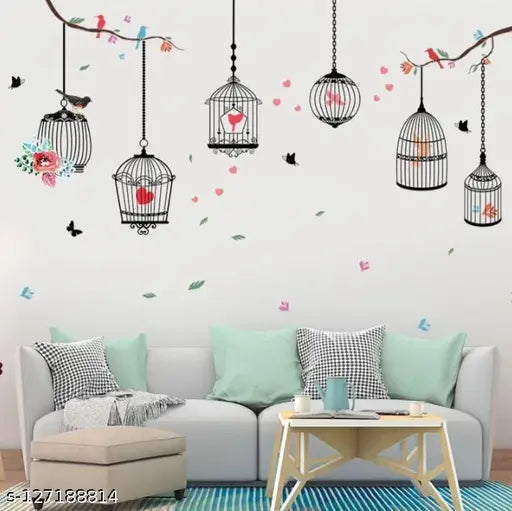 PG888 Girl's Walls Sticked with Bird Cages under Street Lamps and Loving Elk Composite Decoration Stickers