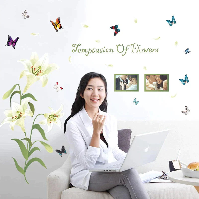 1 Set Lily Flower Wall Sticker Photo Frame Murals Temptation of Flowers White Pink Lily Butterfly SK9070A