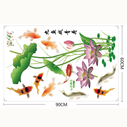 feng shui fish carp lotus flowers  Wall decal High quality printed wall sticker with glue on the back of the fish pond and lotus pattern GS9438 Size: 60x90cm