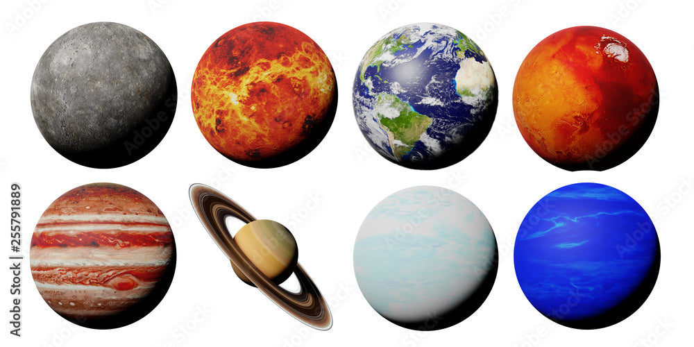 the planets of the solar system isolated on white background (3d space rendering, elements of this image are furnished by NASA)