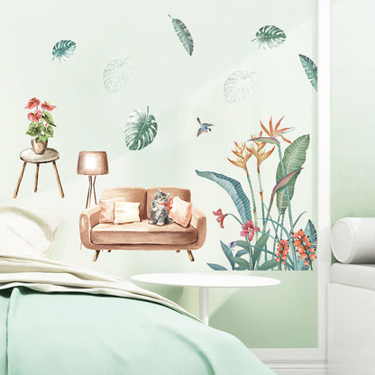 WS0388 NORDIC GREEN PLANT & CAT WALL STICKER