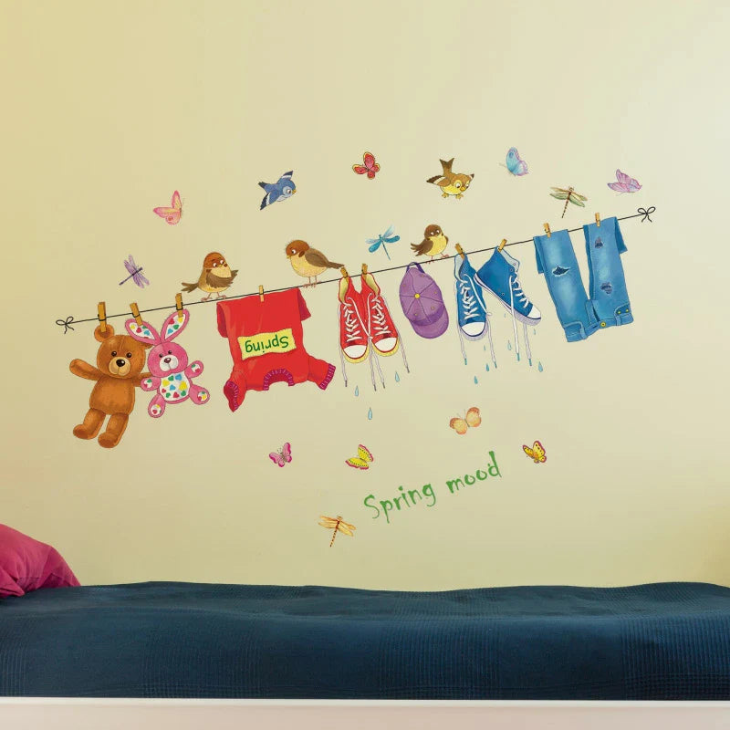 Wall Sticker ABC-1063 Hanging Clothes Shoes Toys Wall Paper For Kids Room Colorful Birds And Butterflies