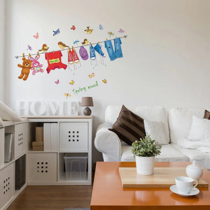 Wall Sticker ABC-1063 Hanging Clothes Shoes Toys Wall Paper For Kids Room Colorful Birds And Butterflies