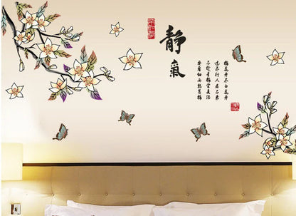 ay9170Wall Stickers Chinese Calligraphy Ink Quiet Quotes with Magnolia Flower Colorful Butterfly Pantings for Home Decals Mural Bedroom Office Sitting Room Sofa TV Background (GHDLX916)