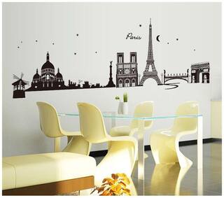 Wall Stickers City Skyline Paris Eiffel Tower Silhouette Black Color Border Design for Hall