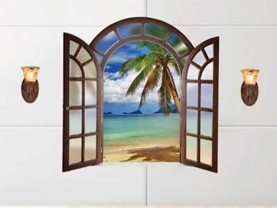 3D Wall Sticker SK9062B Fake Window Blue Sea View European Style Bedroom Living Room Entrance Decoration Self-adhesive Wall Sticker