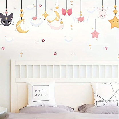 Sky, Moon, Clouds, Cats and Rabbits Pattern Wall Sticker, Suitable for TV Background, Window, Dining Room,