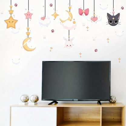 Sky, Moon, Clouds, Cats and Rabbits Pattern Wall Sticker, Suitable for TV Background, Window, Dining Room,