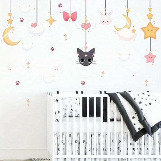Sky, Moon, Clouds, Cats and Rabbits Pattern Wall Sticker, Suitable for TV Background, Window, Dining Room,