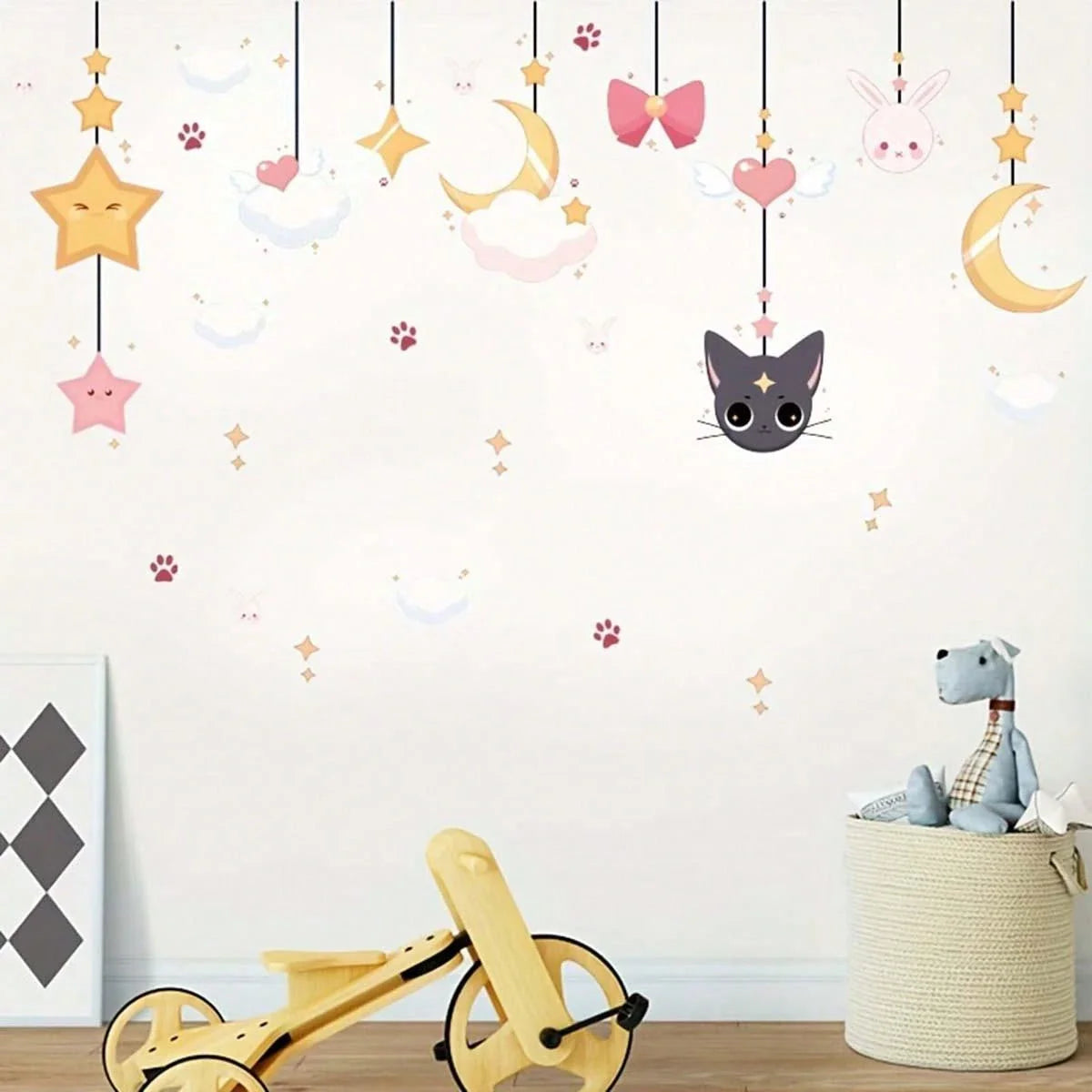 Sky, Moon, Clouds, Cats and Rabbits Pattern Wall Sticker, Suitable for TV Background, Window, Dining Room,