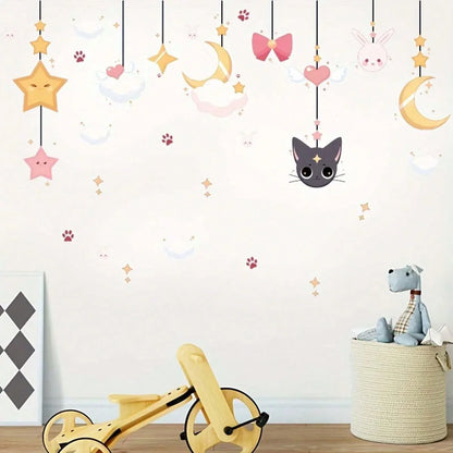 Sky, Moon, Clouds, Cats and Rabbits Pattern Wall Sticker, Suitable for TV Background, Window, Dining Room,