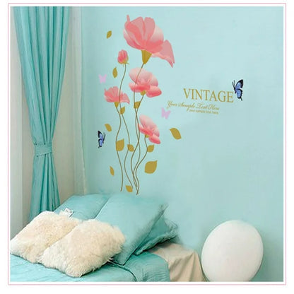 3D Romantic Warm Pink Enchanting Flower Wall Stickers Wall Decal PVC Transparent Film for Living Room Children's Room TV Sofa Background Wall Art Decors