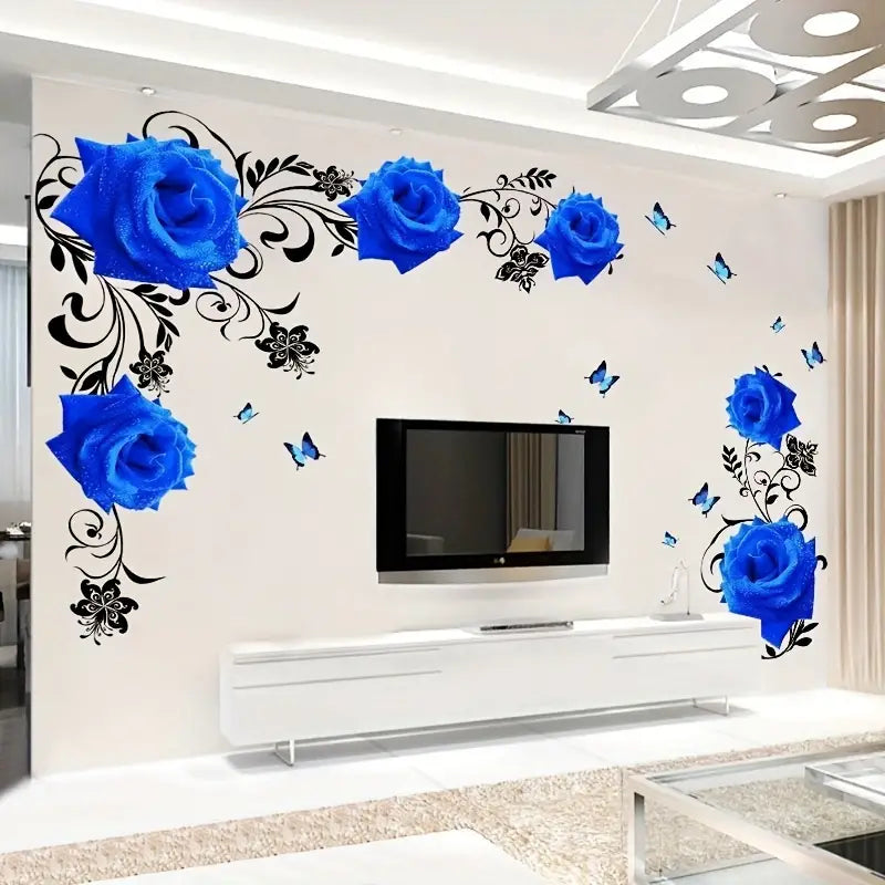Mural Rose Vine Blue Large Lotus Wall Sticker Flower Room Decoration Aesthetic For Teens Living Room Tv Wall Bedroom Home Office Wallstickers   Gs8823a Size: 60x90cm