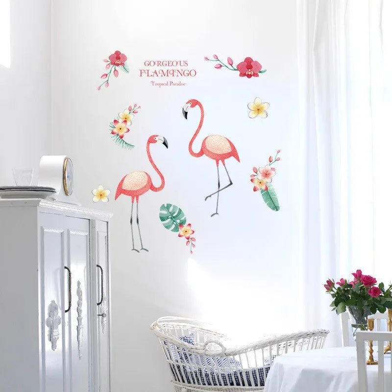 Funif Cute Flower and Flamingo Wall Stickers DIY Removable Animals Wall Decals Decorative Wall Mural Wallpaper for Bedroom Pink