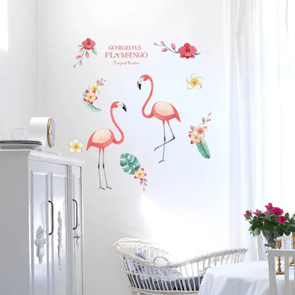 Funif Cute Flower and Flamingo Wall Stickers DIY Removable Animals Wall Decals Decorative Wall Mural Wallpaper for Bedroom Pink
