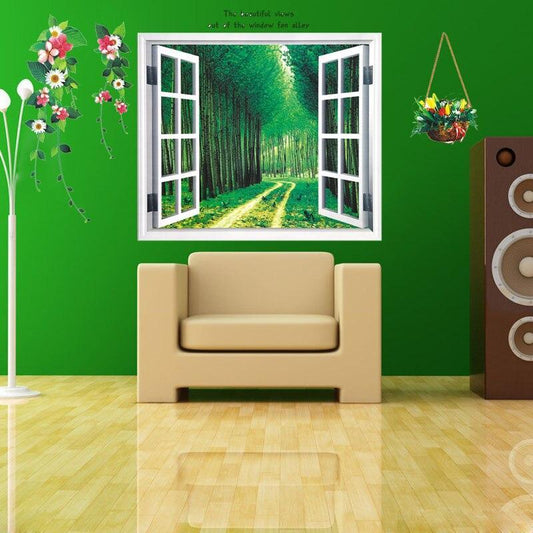 AY914 Lifelike Valley Window Wall Sticker Quality 90*60cm PVC Removable Beautiful Views Decal Vivid Green Forest Wall art Mural