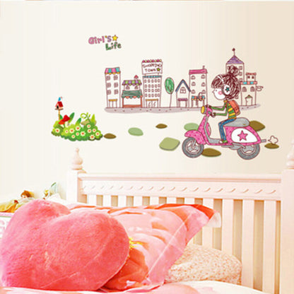 Girl On Bike In City Wallpaper Sticker, Creative PVC Wall sticker Ay7122
