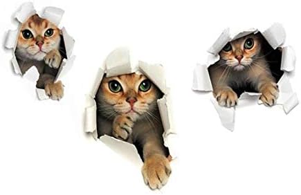 Sks6071 3PCS 3D Cats Wall Sticker Cartoon Animal Hole View Decals Removable DIY Decoration Pet Love for Baby Kids Nursery Room Kitchen Living Room Bedroom Bathroom