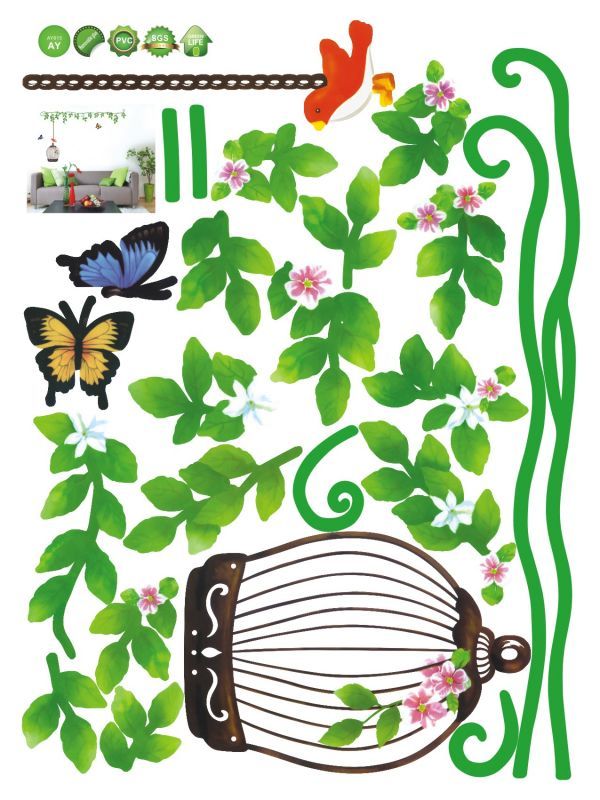 Flower & Green leaves with birdcage & Butterfly Removable Sticker