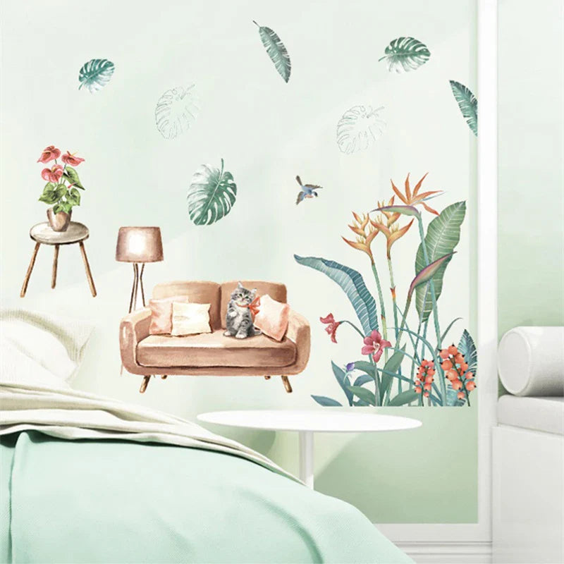 Green tropical plant wallpaper for sofa, cute kitten stickers for bedroom, TV background Sk9388