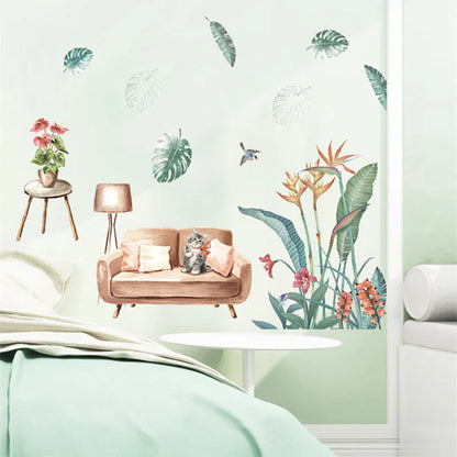 Green tropical plant wallpaper for sofa, cute kitten stickers for bedroom, TV background Sk9388