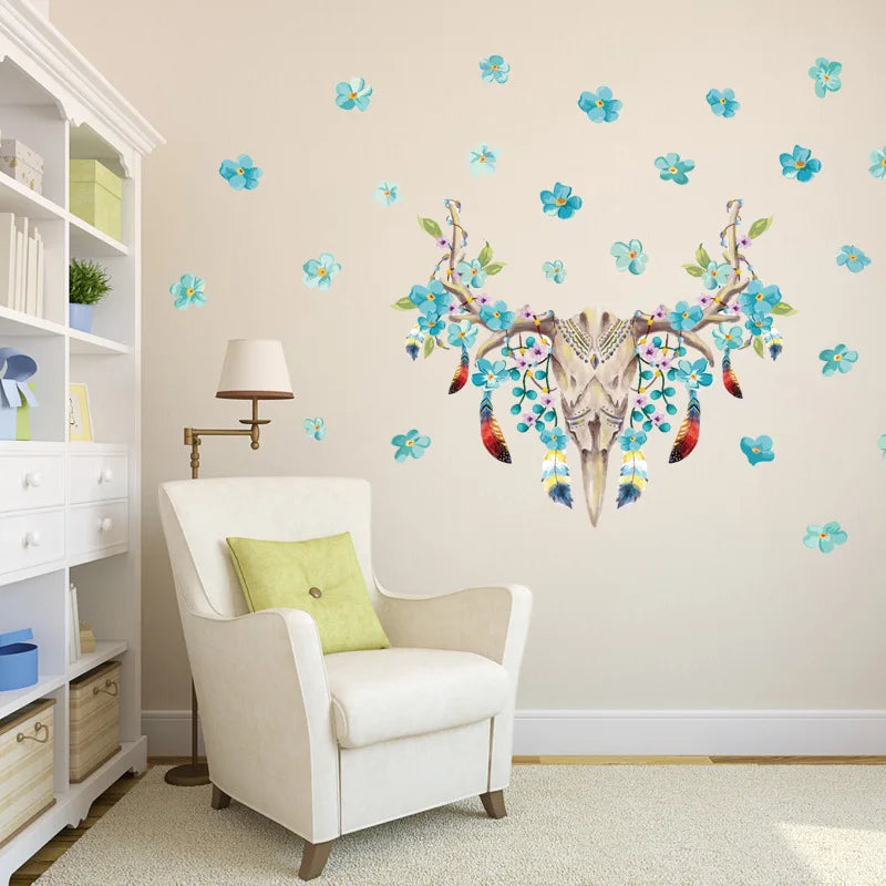 Creative indigenous Mediterranean blue flowers dear head bone elegant wall stickers home decor living room xh9238