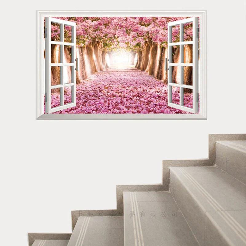 3D Cherry Blossoms Floral Tree Scenery Window Wall Stickers xh0999