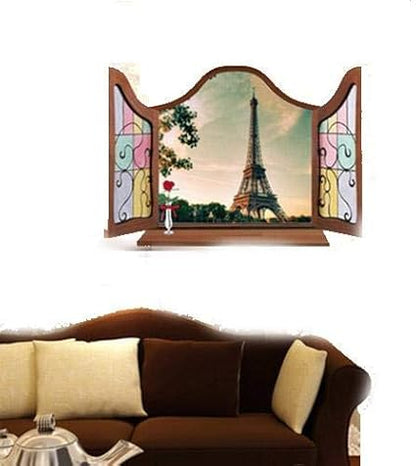 MJ8017cw Generic 3D Window Eiffel Tower Pattern PVC Wall Sticker Paper Mural Ornament 90 x 60cm