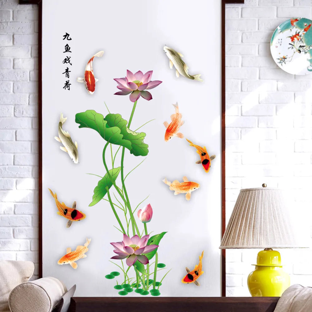 feng shui fish carp lotus flowers  Wall decal High quality printed wall sticker with glue on the back of the fish pond and lotus pattern GS9438 Size: 60x90cm