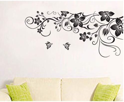 jm7107AB Removable Vinyl Diy Black Nursery Flowers Vine and Beautiful Butterfly Wall Corner Decals Wall Sticker