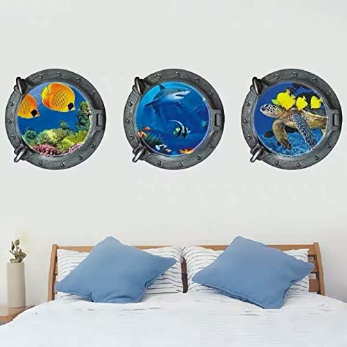 DNVEN Porthole Wall Decals Tropical Fishes Stickers 3D Under the Sea Ocean World Shark Sea Turtles Window View Faux Submarine Removable Murals for Bedrooms Boys Room Decor 13 inches x 13 inches x 3pcs