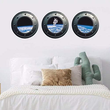 DNVEN 13 inches x 13 inches x 3pcs Set of 3 3D Astronaut Spaceman Galaxy Space Window View Faux Submarine Window Partial Frosted Frosting Murals Wall Decals Removable Wall Stickers for Bedrooms